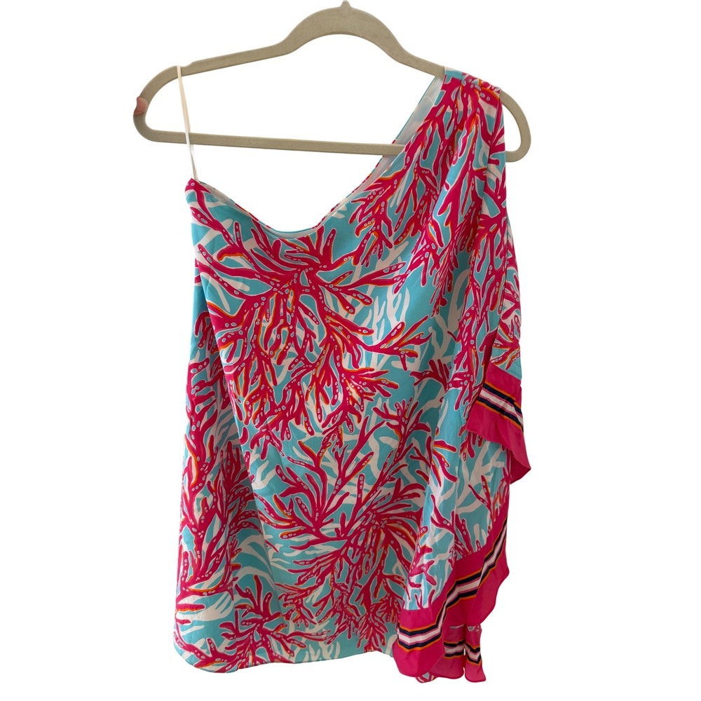 Lilly Pulitzer Marlee One Shoulder Silk Dress Underwater Escape Size 4 Blue Pink